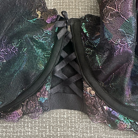 Cacique Black and Purple Lace Bra unlined Balconette Sheer size 46 DDD - Picture 3 of 11